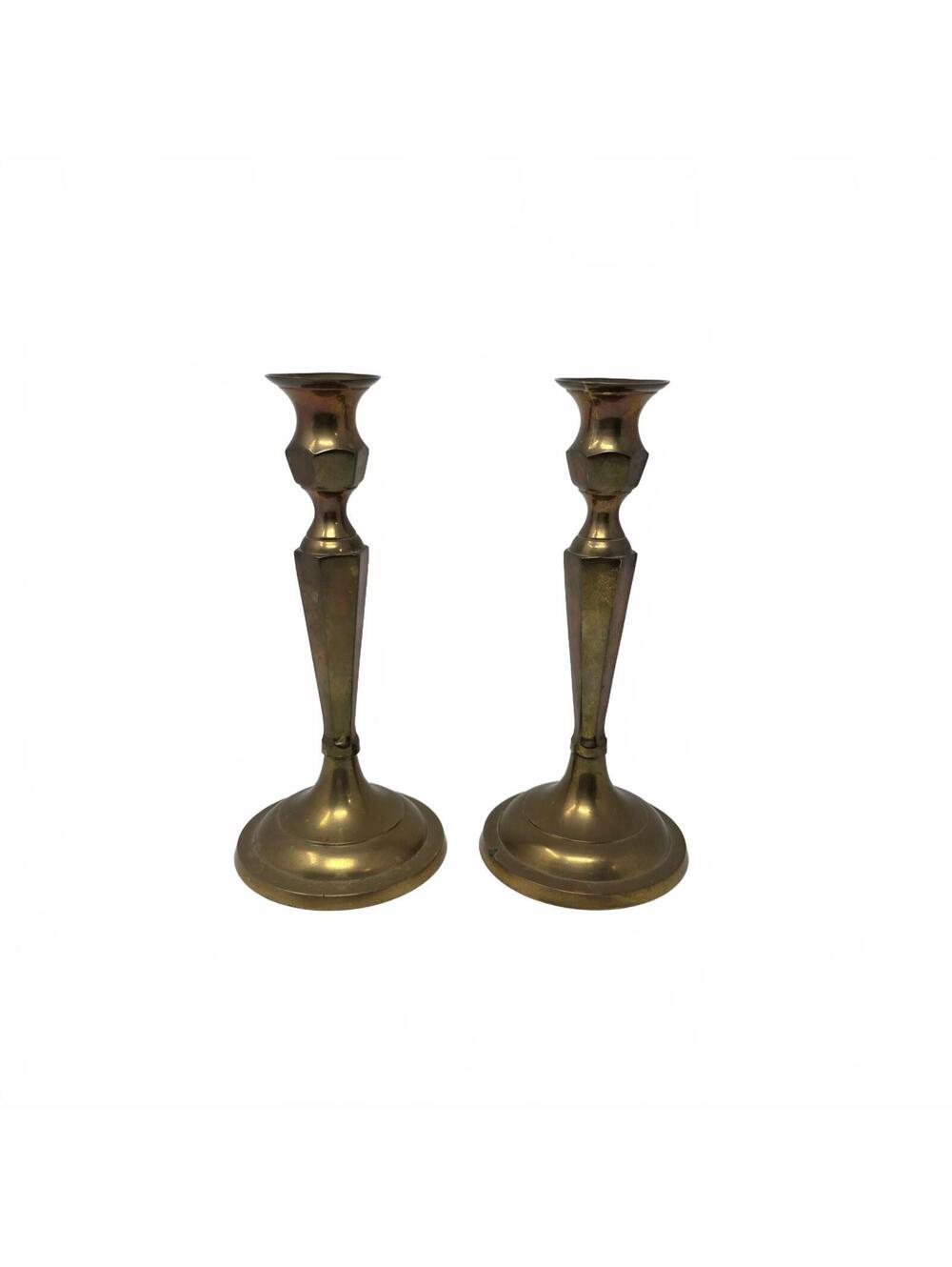 Vintage Brass Candlesticks Pair Geometric Faceted Taper Candle Holders